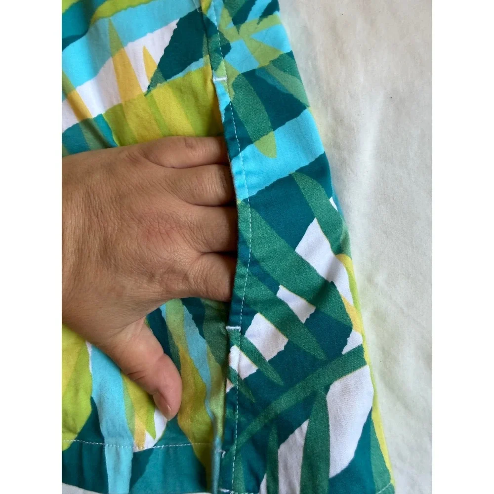 Tribal Women Teal Green Tropical Palm Print Stretch Cotton Blazer Jacket Size 10